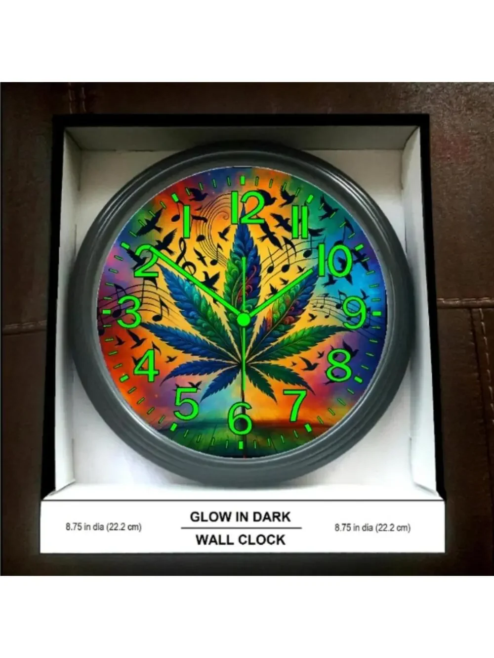Reverse Ticking Good Leaf Glow In The Dark Wall Clock New!